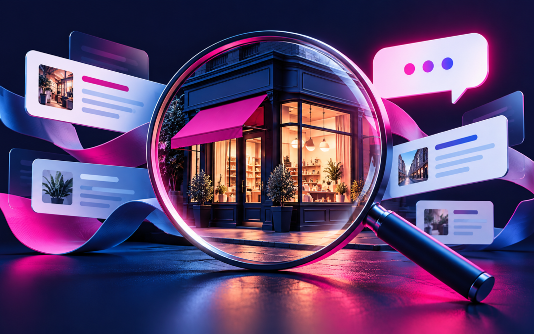 Concept illustration of a magnifying glass highlighting a business storefront among search cards and a conversation bubble.