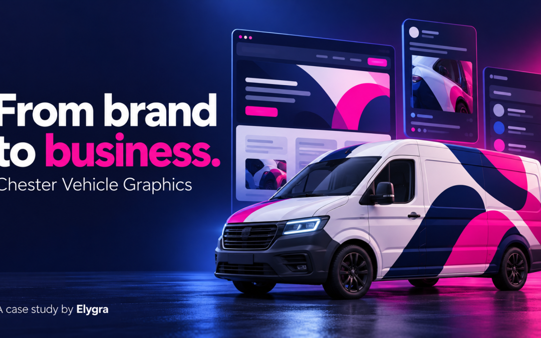 Illustration of a vehicle alongside website, campaign and CRM panels for the Chester Vehicle Graphics case study.
