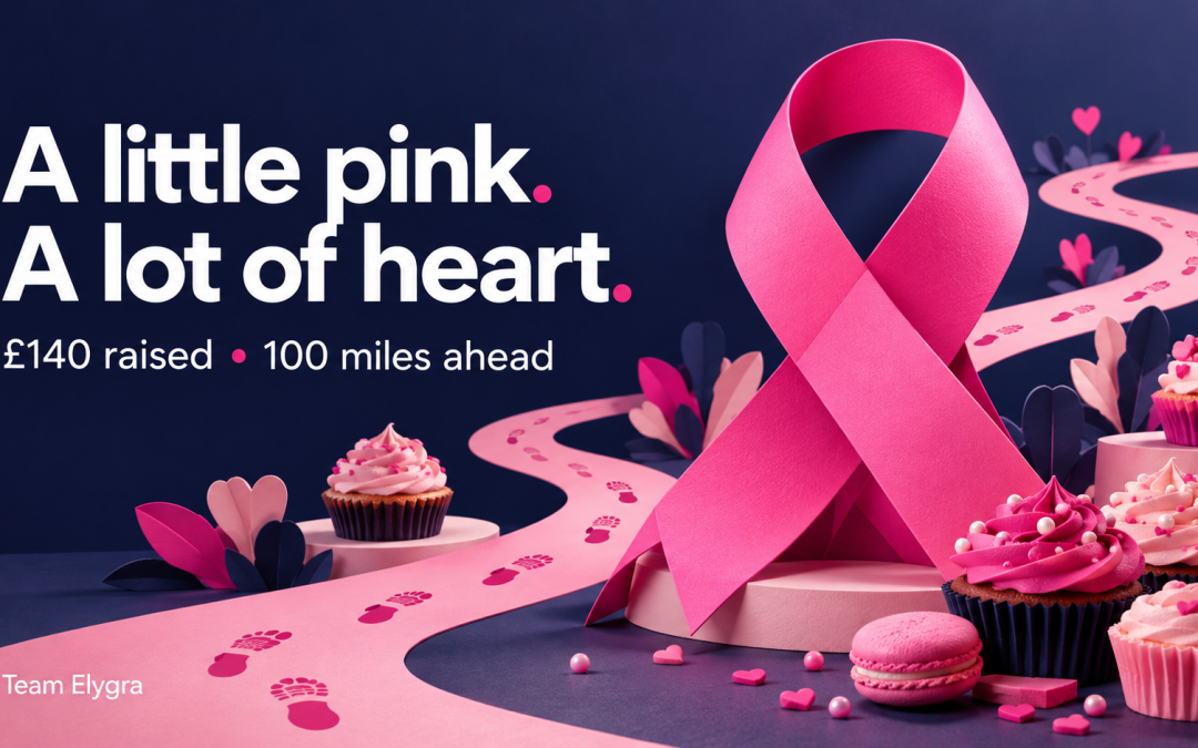 Pink breast cancer awareness ribbon and sweet treats with the words “A little pink. A lot of heart.”, £140 raised and 100 miles ahead.