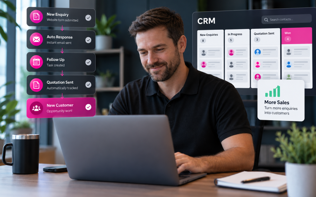 Business owner using a laptop with CRM lead capture, automated follow-up and sales pipeline graphics.